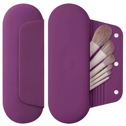 Silicone Makeup Brush Holder Travel Cosmetic Bag：Soft Portable Cosmetic Face Brushes Holder with Upgrade Anti-Fall Out Magnetic Closure, Large Travel Makeup Brush Case - Walnut