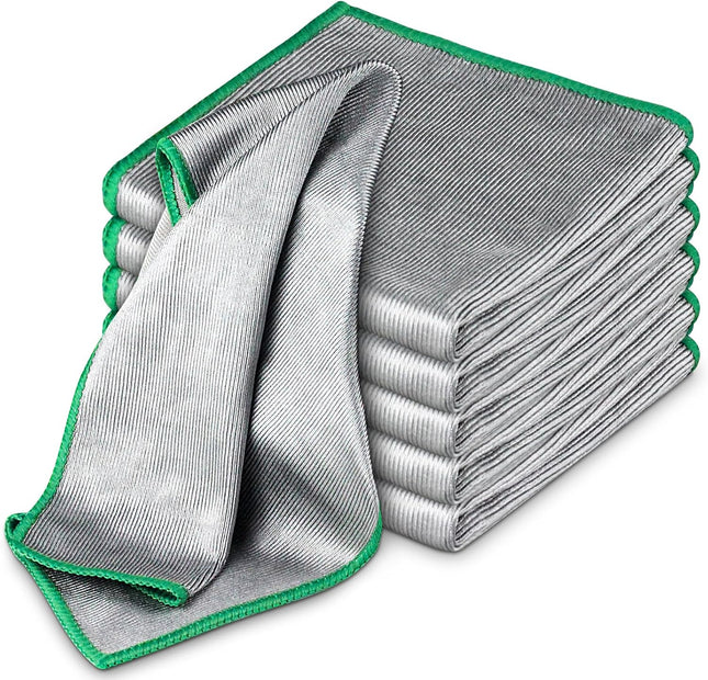 Glass Polishing Cloth Streak Free Miracle Cleaning Cloth Lint Free Microfiber Cleaning Rags for Glasses Kitchen Dish Mirrors Easy Clean, Pack of 6, 12" X 12", Sliver-Green