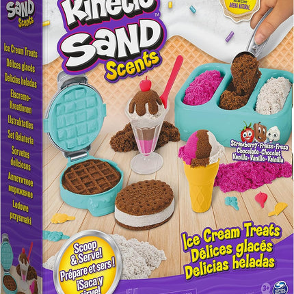 Kinetic Sand Scents Ice Cream Treats, Moldable Sand Sensory Toys, Ages 3+ | Swirl Strawberry, Chocolate & Vanilla Scented Play Sand Ice Cream Cones, 3 Colors & 6 Tools, Birthday Gifts for Kids