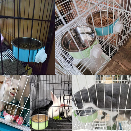 Crate Dog Bowl, Removable Stainless Steel Hanging Pet Kennel Cage Bowl Food & Water Feeder Coop Cup for Puppy, Cat, Rabbit, Guinea Pigs Ferret Bird (2 PCS, Size: M, Blue and Green)
