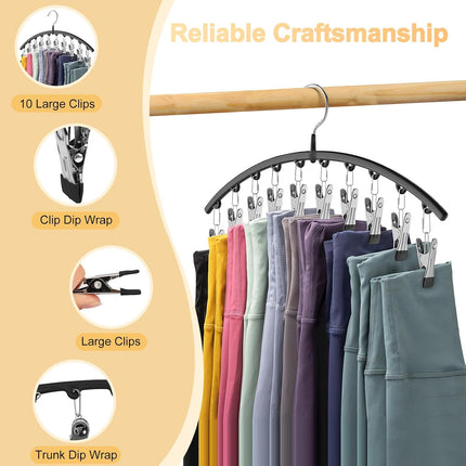 Legging Organizer for Closet, 2 Pack Metal Yoga Pants Hangers W/10 Clips Holds 20 Leggings, Space Saving Hanging Closet Organizer W/Rubber Coated Closet Organizers and Storage, Black