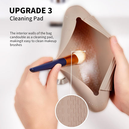 Silicone Makeup Brush Holder Travel Cosmetic Bag：Soft Portable Cosmetic Face Brushes Holder with Upgrade Anti-Fall Out Magnetic Closure, Large Travel Makeup Brush Case - Walnut