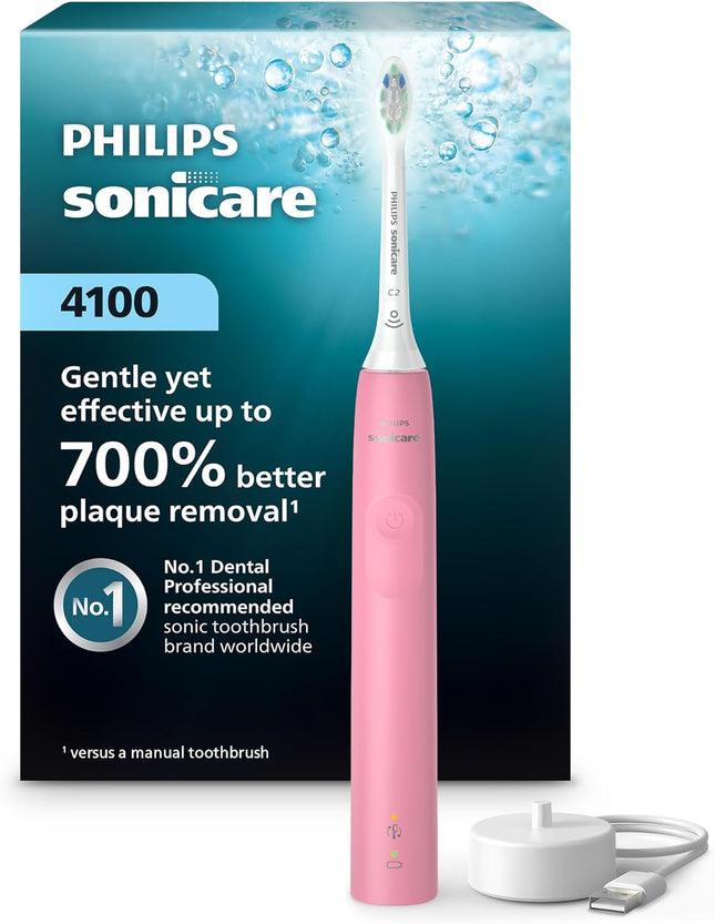 4100 Series Electric Toothbrush - Sonic Toothbrush with Advanced Sonic Technology, Pressure Sensor, Two Intensity Settings, Smartimer & Quadpacer, Deep Pink, Model HX3681/26