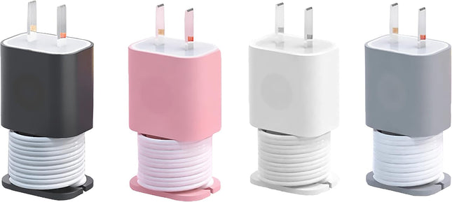 4-Pack 2 in 1 Silicone Charger Protector with Cord Wrap, Iphone Silicone Power Adapter Case, Snapback Charger Winder, Compatible with 18W/20W
