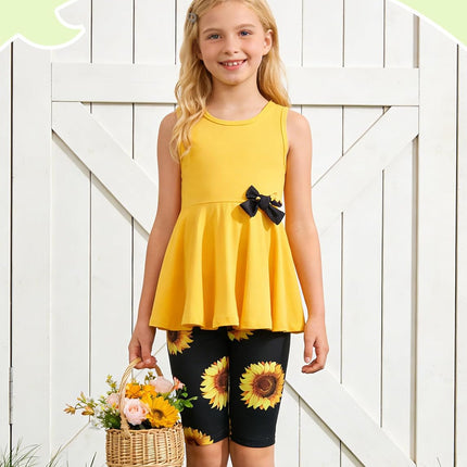 Girls Summer 2 Piece Outfits 4-12Y Butterfly Bow Sleeveless Tunic Tops and Floral Print Shorts Cute Clothes