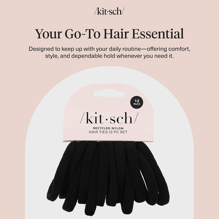 Kitsch Nylon Hair Ties No Damage - Stretchable Hair Bands for Strong All-Day Hold, Ponytail Holders | Hair Accessories for Girls | Ideal Gifts for Women - Black, 12 Pcs