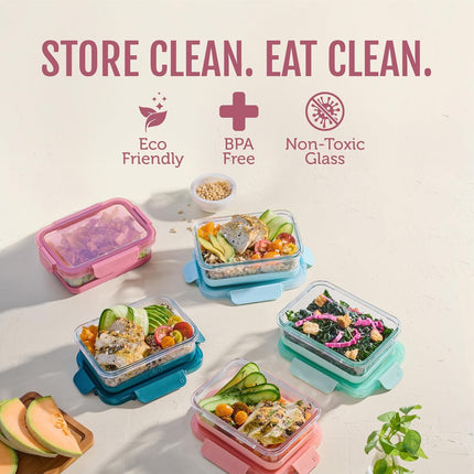 Duraglass Refresh 3.4 Cup Meal Prep Sets 10Pc, 5 Pack Set- Glass Food Storage Container with Silicone Boot and Airtight Bpa-Free Plastic Lids, Dishwasher, Microwave and Freezer Safe, Melon