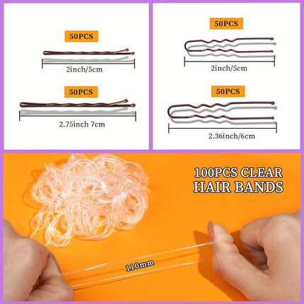 300Pcs Bobby Pins Hair Pins Kit, 100 Hair Pin for Women 100 Bobby Pins Brown and 100 Hair Bands, Hair Pins for Buns 2Inch 2.36Inch 2.75Inch