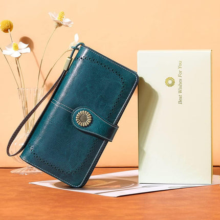 Wallets for Women Leather Credit Card Holder with RFID Blocking Large Capacity Wristlet | with RFID Blocking