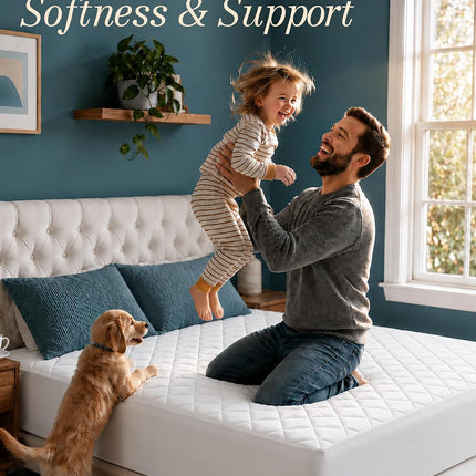 Quilted Fitted Mattress Pad, Queen Mattress Protector Topper with Deep Pocket Stretches up to 16 Inches, Machine Washable Mattress Cover by  (White)