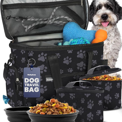 The Original Doggy Bag™ - Complete Dog Travel Bag for Supplies with 2 Bpa-Free Travel Dog Bowls & 2 Pet Food Containers - Traveling Kit for Road Trips, Camping, Weekend Away or Doggy Gift: Paw Print