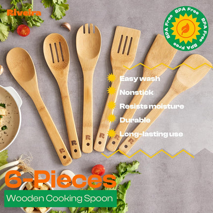 Bamboo Cooking Spoons 6-Piece – Wooden Cooking Utensils Set with Wooden Spoons for Cooking & Spatulas Wooden Utensil Sets – Premium Kitchen Utensils Set – Durable First Apartment Essentials