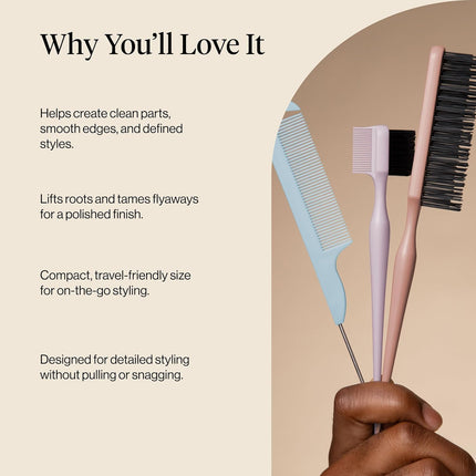 Kitsch Slick Back Hair Brush – Hair Styling Combs Kit with Pintail Comb, Edge Brush & Teasing Tool, Comb Set for Precision Parts, Smooth Edges, Volume & Slick Back Brush for Styling