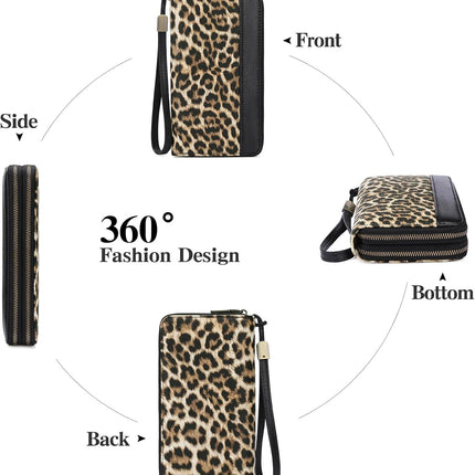 Women'S Wallet Large Capacity Double Zip Ladies Card Phone Holder RFID Blocking Wristlet Leather