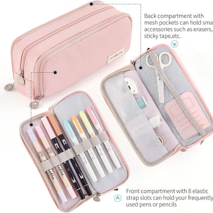 Large Capacity Pencil Case 3 Compartment Pouch Pen Bag for School Teen Girl Boy Men Women (Pink)