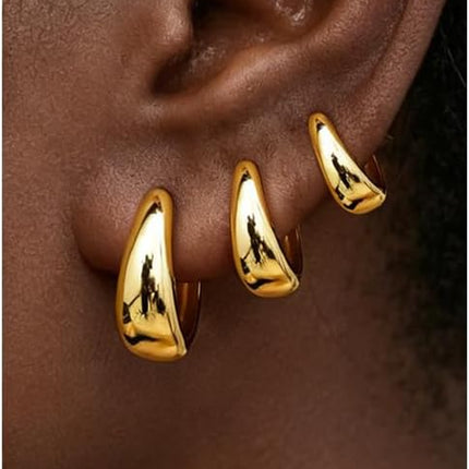 Gold Hoop Earrings Set for Women - 3 Pairs of Trendy Chunky Huggie and Dainty Jewelry for Teens
