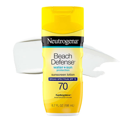Neutrogena Beach Defense Sunscreen Lotion SPF 70 Broad Spectrum UVA UVB Protection Lightweight Water Resistant up to 80 Minutes Oil-Free Beach-Strength Sun Protection for Whole Family, 6.7 Fl Oz