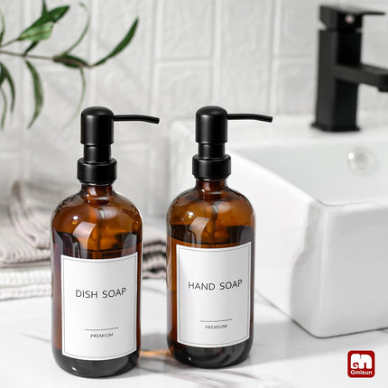Amber Glass Soap Dispenser, 2 Pack Bathroom Hand Soap Dispensers with Stainless Steel Pump, 17 Fl Oz Kitchen Hand and Dish Soap Dispenser Set, Modern Vintage Liquid Brown Soap Dispensers Bottle