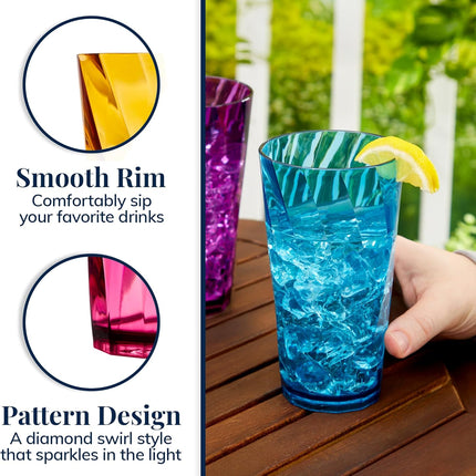 Optix Plastic Reusable Drinking Glasses (Set of 8) 20Oz Water Cups in Jewel Tone Colors | Bpa-Free Tumblers, Made in USA | Top-Rack Dishwasher Safe