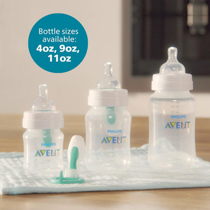 Anti-Colic Baby Bottle with Airfree Vent, Medium Flow 2 Nipple, 1M+, 9Oz, 4 Pack, Clear, SCY703/04