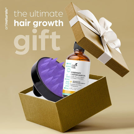 Organic Rosemary Castor Hair Growth Tonic Oil + Massager Hair Regrowth Set, 4 Oz with Coconut & Olive Oil, Scalp Treatment for Dry, Damaged & Split Ends
