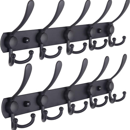Coat Rack Wall Mounted - 5 Tri Hooks, Heavy Duty, Stainless Steel, Metal Coat Hook Rail for Coat Hat Towel Purse Robes Mudroom Bathroom Entryway (Black, 2 Packs)