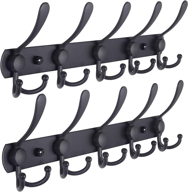 Coat Rack Wall Mounted - 5 Tri Hooks, Heavy Duty, Stainless Steel, Metal Coat Hook Rail for Coat Hat Towel Purse Robes Mudroom Bathroom Entryway (Black, 2 Packs)