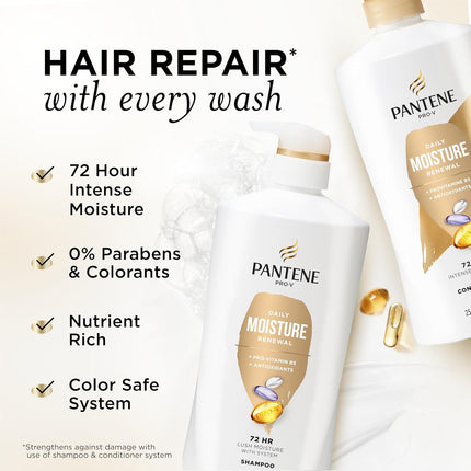 Shampoo & Conditioner Set, Daily Moisture Renewal - Pro-V Nutrients for Dry, Color-Treated, Straight to Curly Hair, 72-Hour Hydration & Softness, 52.8 Oz Total + Miracle Rescue Shot (0.5 Oz)