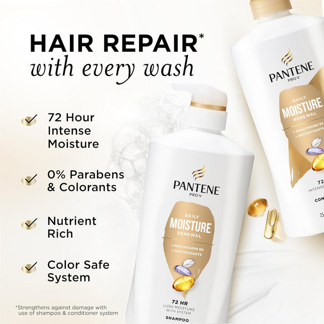 Shampoo & Conditioner Set, Daily Moisture Renewal - Pro-V Nutrients for Dry, Color-Treated, Straight to Curly Hair, 72-Hour Hydration & Softness, 52.8 Oz Total + Miracle Rescue Shot (0.5 Oz)