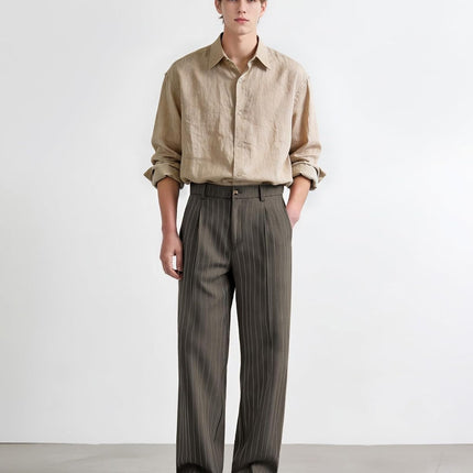 Mens Pinstripe Casual Dress Pants Old Money Wide Leg Baggy Pleated Slacks Elastic Wasist Loose Fit Work Trousers