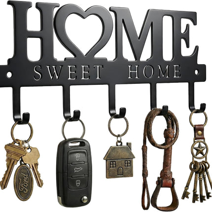 Entryway Wall Key Holder with 5 Hooks, Metal Key Rack Wall Mount for Keys, Bags and Leashes, Decorative Organizer for Entryway, Mudroom or Hallway, Sweet Home Design, 9.8 Inches, Black