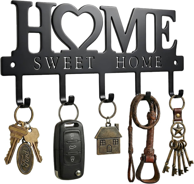 Entryway Wall Key Holder with 5 Hooks, Metal Key Rack Wall Mount for Keys, Bags and Leashes, Decorative Organizer for Entryway, Mudroom or Hallway, Sweet Home Design, 9.8 Inches, Black