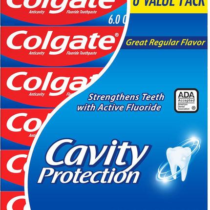 Cavity Protection Toothpaste with Fluoride, Minty Great Regular Flavor, anti Cavity Toothpaste, 6 Pack, 6 Oz Tubes