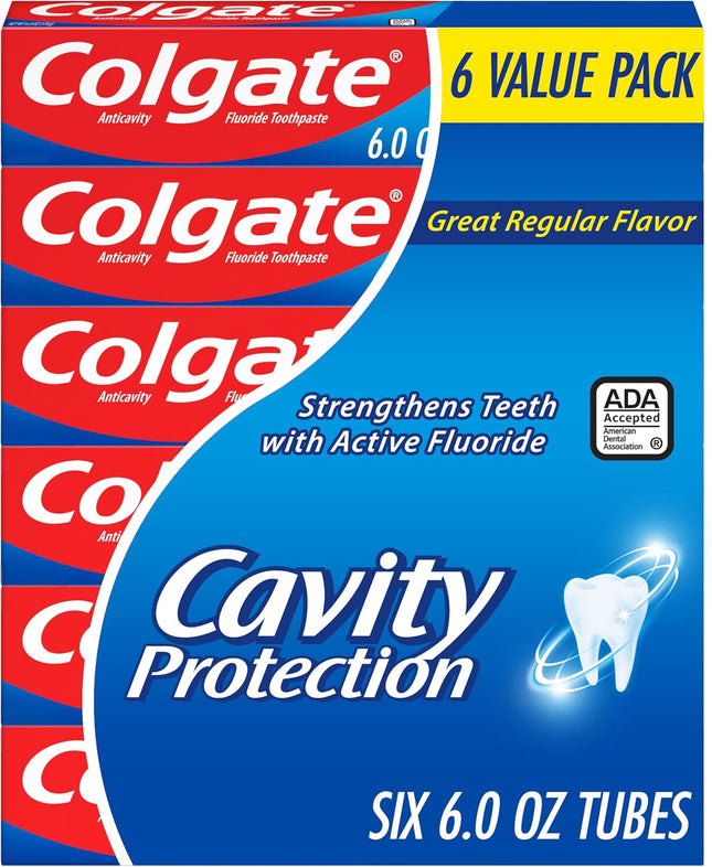 Cavity Protection Toothpaste with Fluoride, Minty Great Regular Flavor, anti Cavity Toothpaste, 6 Pack, 6 Oz Tubes