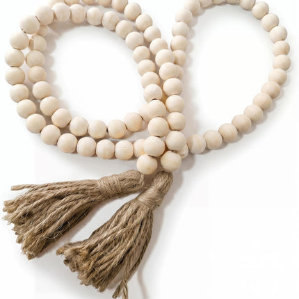 Farmhouse Beads Long Length Solid Wood Bead Boho Tassel Garland - Rustic Country Solid Beaded Boho Chic Decor for Wall, above Cabinet & Table