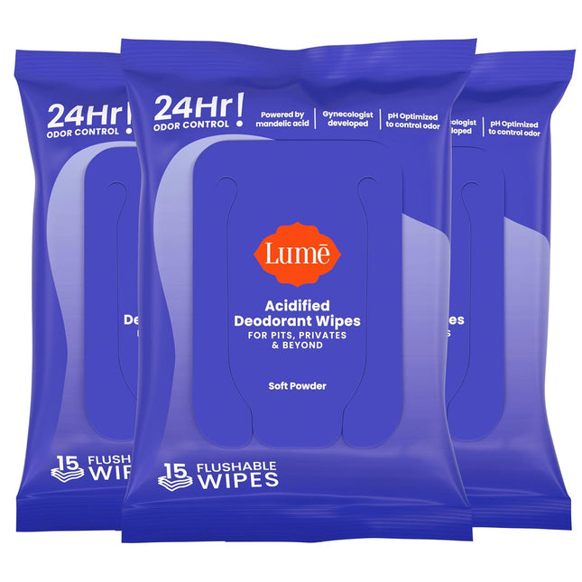 Acidified Deodorant Wipes - 24 Hour Odor Control - Whole Body Deodorant Wipes - Aluminum Free, Baking Soda Free, Skin Loving - Flushable - 15 Count - 3 Pack (Soft Powder)