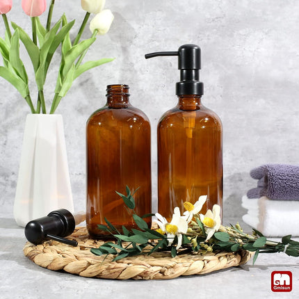 Amber Glass Soap Dispenser, 2 Pack Bathroom Hand Soap Dispensers with Stainless Steel Pump, 17 Fl Oz Kitchen Hand and Dish Soap Dispenser Set, Modern Vintage Liquid Brown Soap Dispensers Bottle