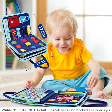 Toddler Busy Board Montessori Toys for Boys, Sensory Book Educational Activities for Learning Fine Motor Skills, Birthday Gifts for Boys Toddlers, Travel Toys for Airplane Car, Blue Dinosaur