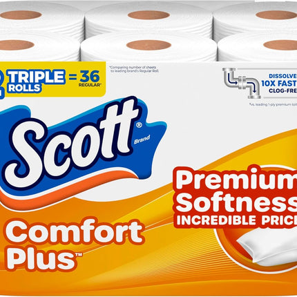 Scott Comfortplus Toilet Paper, 12 Triple Rolls, 231 Sheets per Roll, Septic-Safe, 1-Ply Toilet Tissue