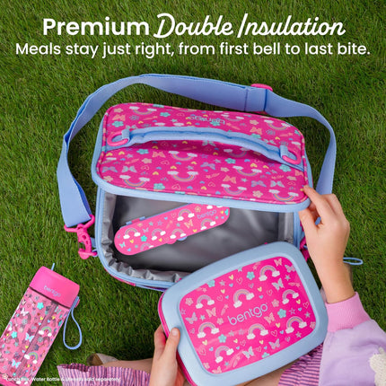 Bentgo Kids Lunch Bag - Double-Insulated, Reusable Lunch Bag for Kids 3+ with Adjustable Strap; Holds Lunch Box/Water Bottle/Snacks; Easy-Clean, Water-Resistant & Pockets (Rainbows & Butterflies)