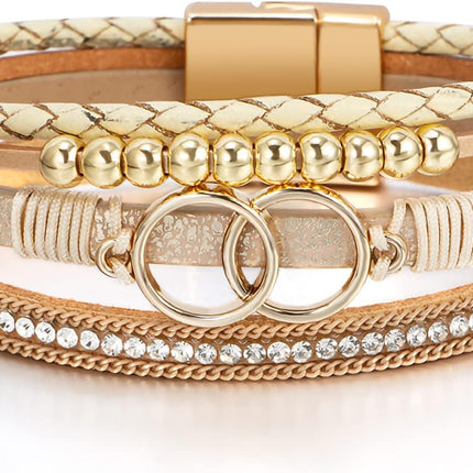 Leopard Bracelet for Women, Boho Leather Wrap Multi-Layer Pearl Crystal Bracelet Bangle Jewelry