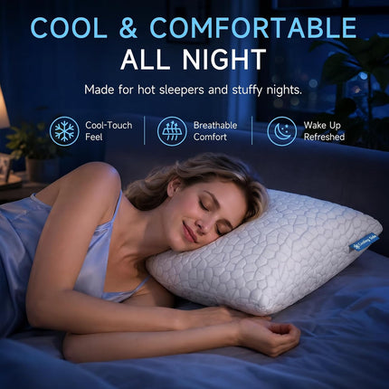 Cooling Pillow for Sleeping, Certipur-Us Shredded Memory Foam Queen Pillows Set of 2, Cool Pillow for Hot Sleepers Adjustable Firm Pillow for Side, Back, Stomach Sleepers Soft yet Support,White
