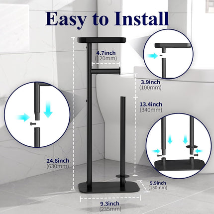Toilet Paper Holder Free Standing – Rustproof Metal Toilet Paper Stand for 4 Rolls with Anti-Slip Base and Shelf for Phone & Small Items, Bathroom Organizers and Storage, Medium, Black