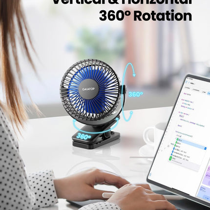 Portable Clip on Fan Battery Operated, Small Powerful 3 Speed Quiet 360° Rotate, USB Rechargeable Mini Personal Cooling Fan for Desk Table Home Office Stroller Camping Women Gifts Black Blue