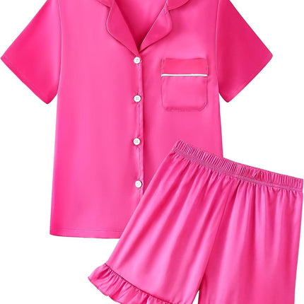 Girls Pajamas 2 Piece Summer Soft Silk Satin Short Sleeve Pajama Set Cute Pjs Sleepwear for Kids Size 6-16 Years