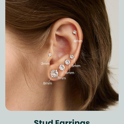 6 Pairs Stud Earrings Set, Hypoallergenic Cubic Zirconia 316L Earrings Stainless Steel CZ Earrings 3-8Mm (Steel Color)