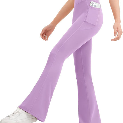 Girls Flare Leggings Kids Bell Bottom Flared Yoga Pants High Waisted Athletic Tight with Pockets