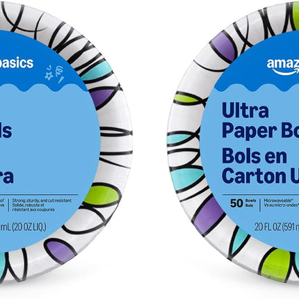 Ultra Disposable Paper Bowls, 20 Oz, Microwave Safe, Soak Proof, Strong & Sturdy, White, 50 Count (Pack of 2), Packaging May Vary