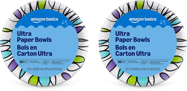 Ultra Disposable Paper Bowls, 20 Oz, Microwave Safe, Soak Proof, Strong & Sturdy, White, 50 Count (Pack of 2), Packaging May Vary