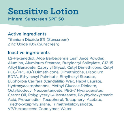 Sensitive Mineral SPF 50 Sunscreen Lotion, 100% Mineral Sunscreen, UVA/UVB Protection, Infused with Organic Aloe Vera, Soothes and Hydrates, 5 Fl Oz
